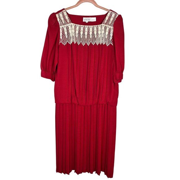 Retro Floral Lace Midi Dress 10 Red Workwear 70s Classic Chic Hippie Boho Pleats - Picture 1 of 12